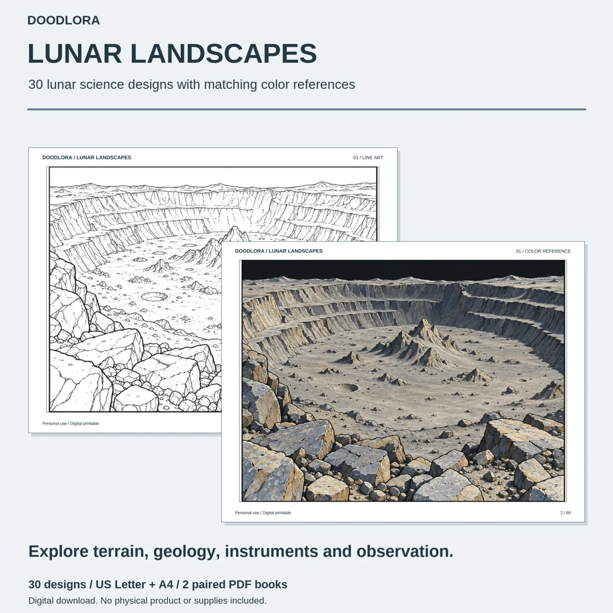 Design 01, a terraced crater basin with central peaks and boulders in front, as line art and as a gray color reference under a black sky