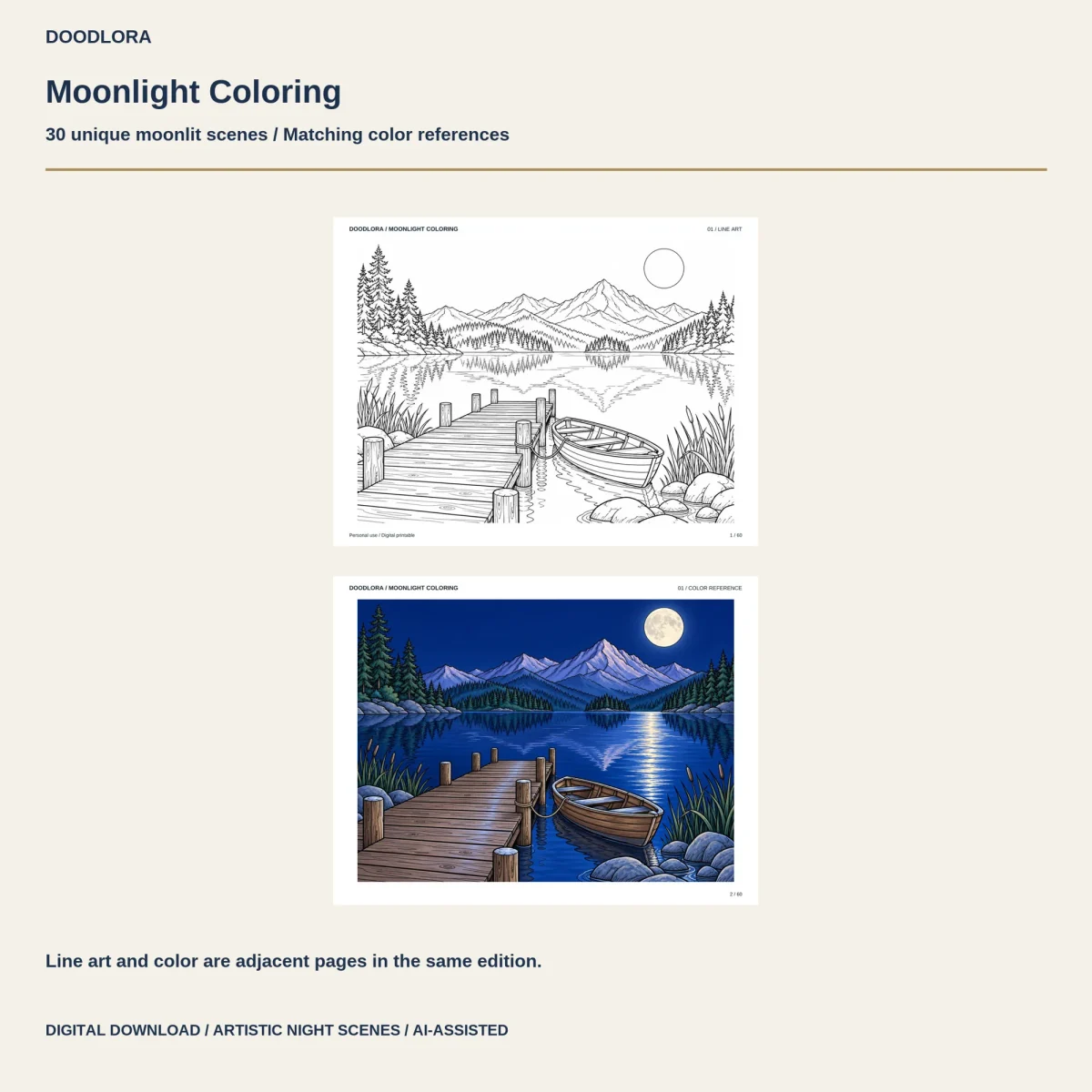 Design 01, a wooden dock and rowboat on a mountain lake, as line art above its navy blue color page with a moon path on the water