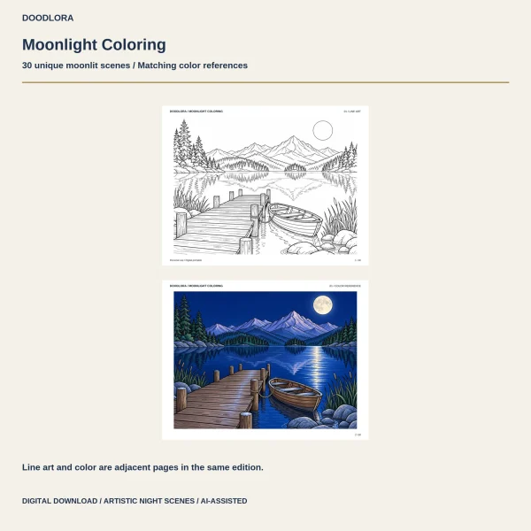 Design 01, a wooden dock and rowboat on a mountain lake, as line art above its navy blue color page with a moon path on the water