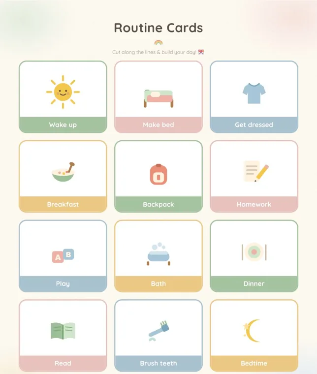 The picture routine card page, twelve framed cards in four rows from Wake up, Make bed and Get dressed down to Read, Brush teeth and Bedtime