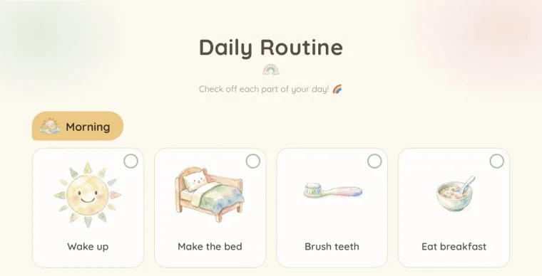 The Morning row of the watercolor Daily Routine page, four tiles reading Wake up, Make the bed, Brush teeth and Eat breakfast, each with an empty circle