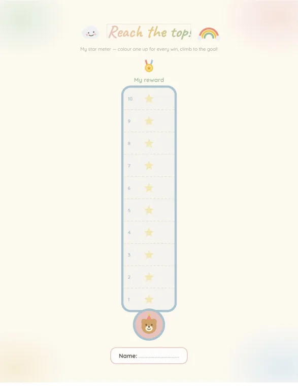 The picture star meter page, a tall bar of ten numbered boxes with a star in each, a My reward label and medal at the top and a bear at the bottom