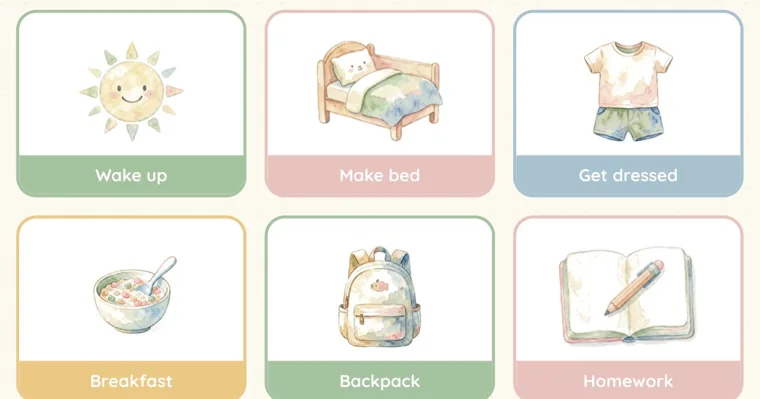 Six watercolor routine cards in two rows, Wake up, Make bed and Get dressed above Breakfast, Backpack and Homework