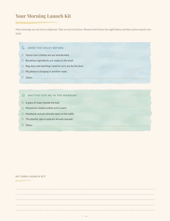 Morning launch kit page with two colored boxes, four night-before tasks and four things waiting in the morning, plus blank lines below