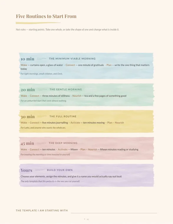 Workbook page listing five starting routines in colored bands, labeled 10, 20, 30 and 45 minutes plus a Build Your Own row