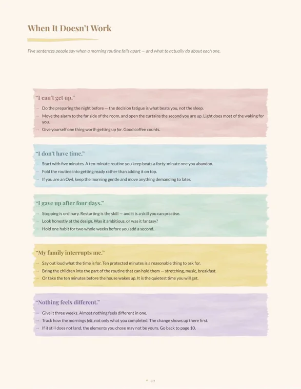 Workbook page answering five routine complaints, from I can't get up to Nothing feels different, with three suggestions under each