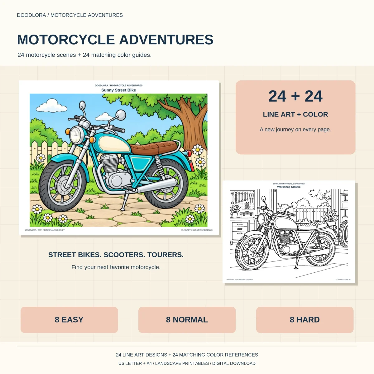 Motorcycle Adventures cover with a teal street bike by a picket fence and the Workshop Classic outline, with 8 Easy, 8 Normal and 8 Hard labels