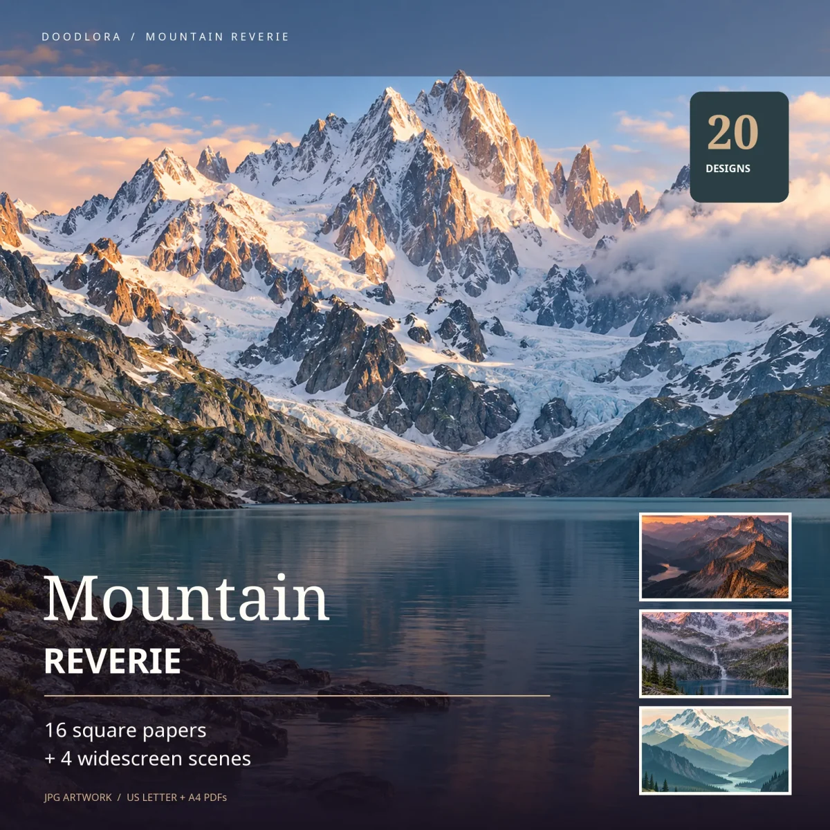 Snowy peaks with a glacier flowing down to a turquoise lake, with three small wide previews of other mountain scenes at the right