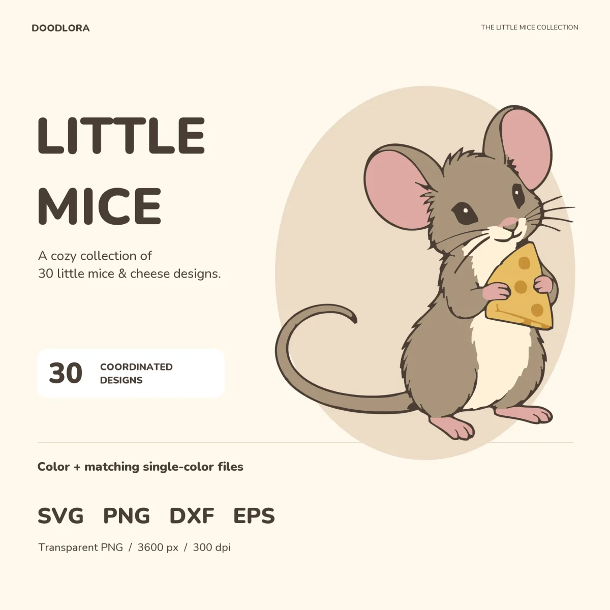 A taupe mouse with big pink ears standing on its hind legs and holding a wedge of yellow cheese, its long tail curled behind it