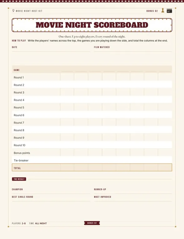 A printed Movie Night Scoreboard page with rows for ten rounds, bonus points and a tie-breaker, a total row and boxes for champion and runner-up