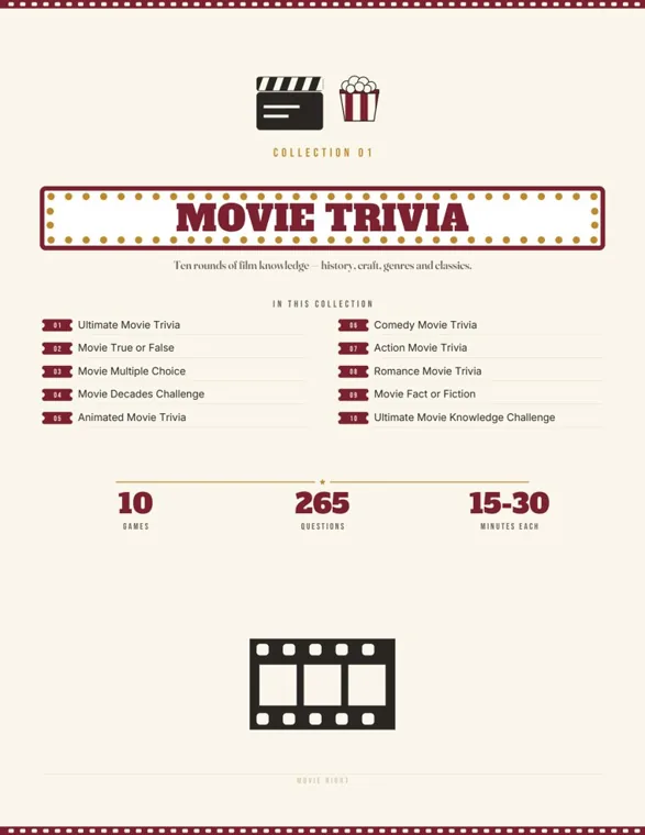 A printed contents page titled Movie Trivia, listing ten games from Ultimate Movie Trivia to Ultimate Movie Knowledge Challenge, with 10 games, 265 questions and 15 to 30 minutes each