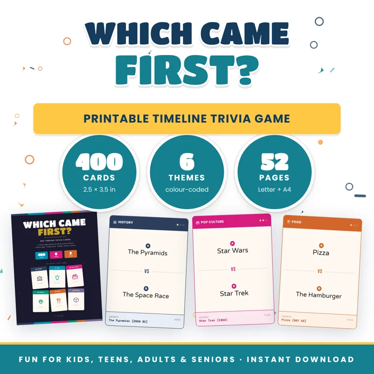 Which Came First? cover beside three sample cards, the Pyramids versus the Space Race, Star Wars versus Star Trek, and pizza versus the hamburger