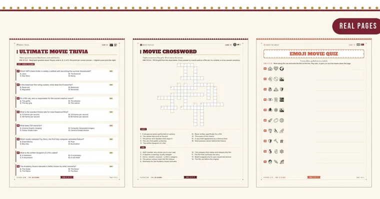 Three printed game pages side by side, a multiple-choice Ultimate Movie Trivia sheet, a Movie Crossword grid with clues and an Emoji Movie Quiz