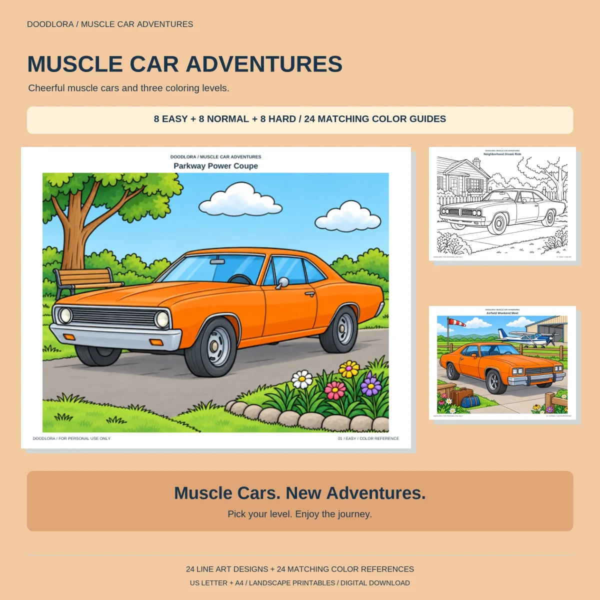 Muscle Car Adventures cover with an orange coupe by a park bench, a neighborhood outline and an orange car at an airfield