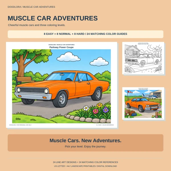 Muscle Car Adventures cover with an orange coupe by a park bench, a neighborhood outline and an orange car at an airfield
