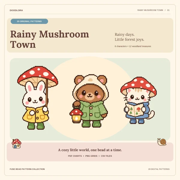 A white bunny in a yellow raincoat under a red spotted mushroom umbrella, a bear in a green raincoat with a lantern, and a kitten in a mushroom hat reading a map