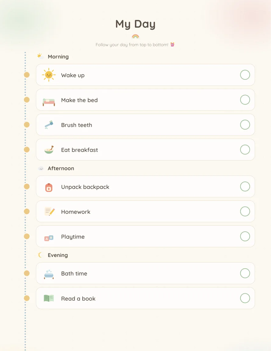 The My Day page from the US Letter file, nine rows from Wake up to Read a book with a circle beside each, and empty space below the last row
