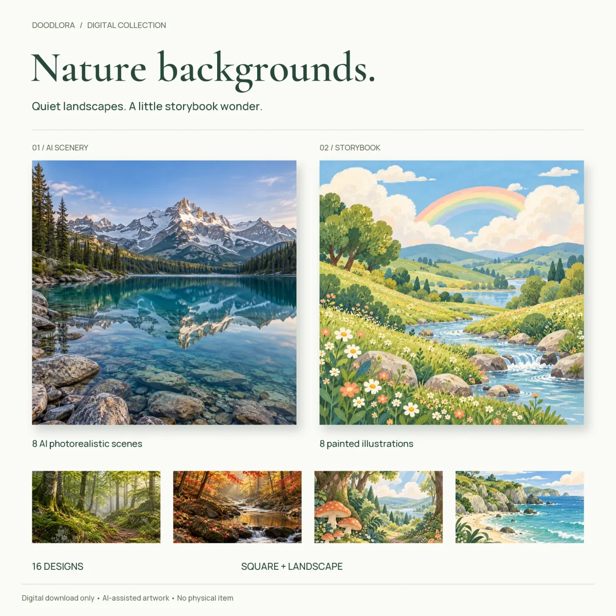 A realistic snowy mountain mirrored in a clear lake beside an illustrated meadow with a rainbow and a stream, above four smaller nature scenes
