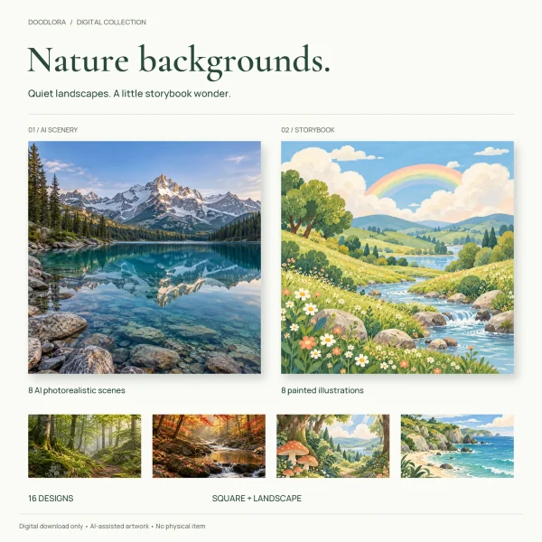 A realistic snowy mountain mirrored in a clear lake beside an illustrated meadow with a rainbow and a stream, above four smaller nature scenes