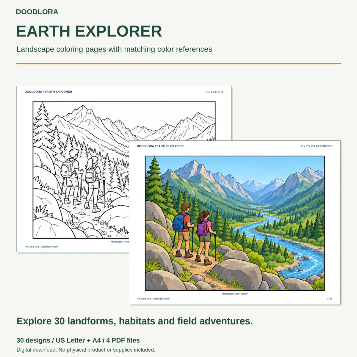Mountain River Valley page with two hikers on a rocky trail above a winding river, as line art and as a color reference
