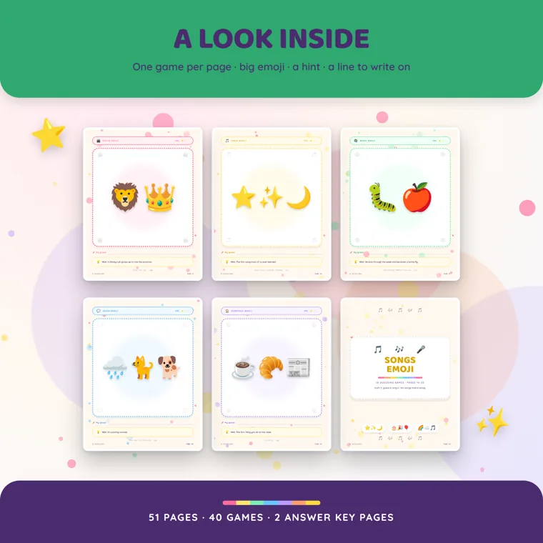 Six pages from the emoji game, five puzzle pages with large emoji and a hint line, plus the colorful divider page for the songs round