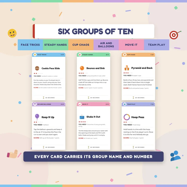 Six one-minute challenge cards, one from each group, including Cookie Face Slide, Keep It Up and Hoop Pass, under six colored group labels