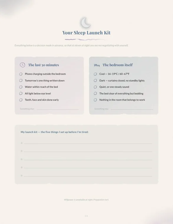 Workbook page titled Your Sleep Launch Kit, with a last-30-minutes checklist, a bedroom checklist and five blank lines below