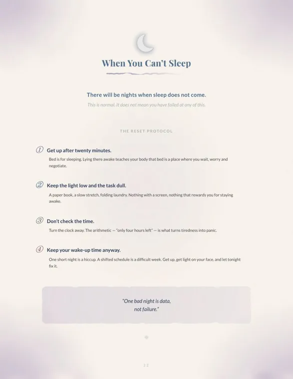 Workbook page titled When You Can't Sleep, with four numbered reset steps and a quote box reading One bad night is data, not failure