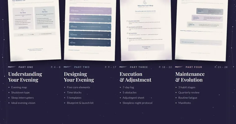 Four evening workbook pages on a dark starry background above labels for Part One to Part Four, each with its page range and four contents