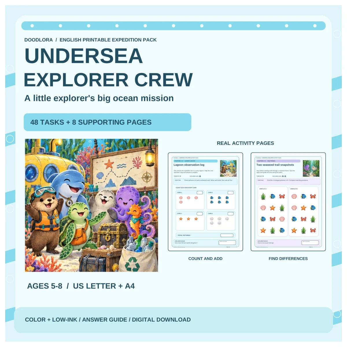 Undersea Explorer Crew cover art of an otter, sea turtle, dolphin, seal, octopus and seahorse by a yellow submarine and treasure chest, beside two sample task pages