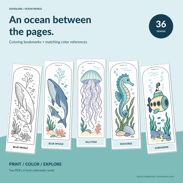 Five ocean bookmarks fanned out, a blue whale in outline and in color, a jellyfish, a seahorse and a yellow submarine