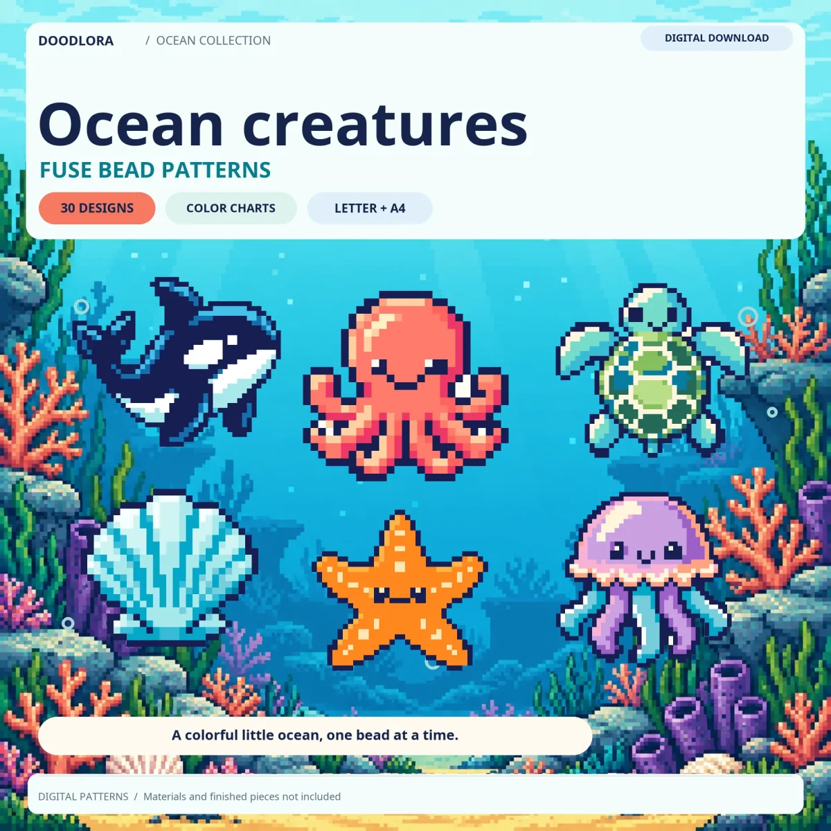 Pixel art orca, octopus, sea turtle, scallop shell, sea star and jellyfish over an underwater reef background