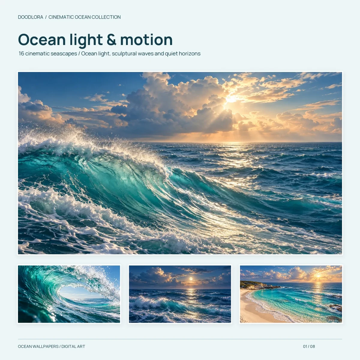 Sunlit Overture shown large, a turquoise wave breaking under sunlit clouds, with Glass Curl, Moonlit Path and Lagoon Arc in a row below and the title Ocean light and motion