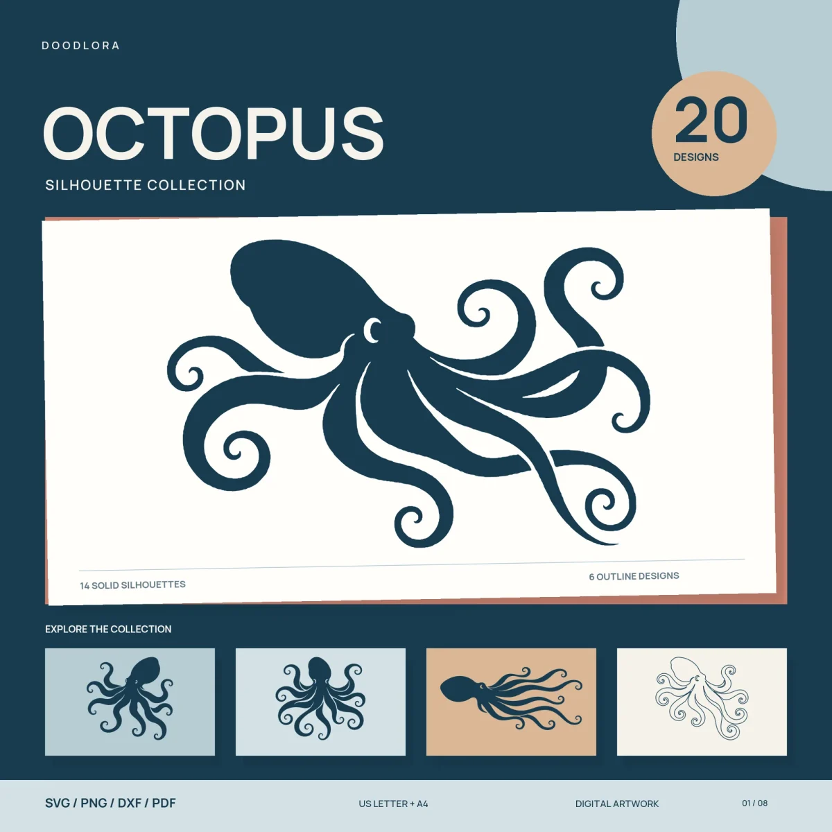 A large navy octopus silhouette with spiral arm tips on a white card, labeled 14 solid silhouettes and 6 outline designs, above four smaller octopus tiles