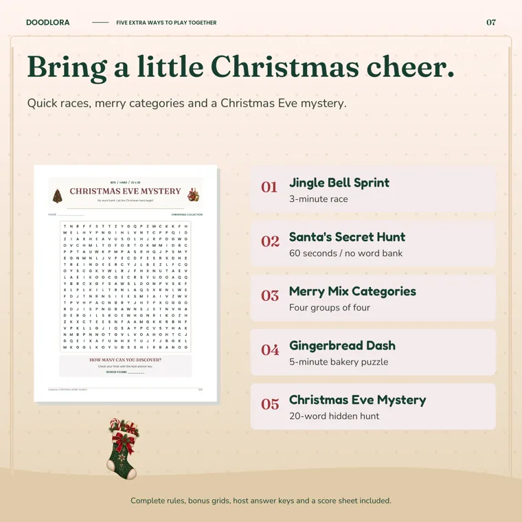 The Christmas Eve Mystery word search grid beside a list of five bonus games, from the 3-minute Jingle Bell Sprint to the 20-word hidden hunt