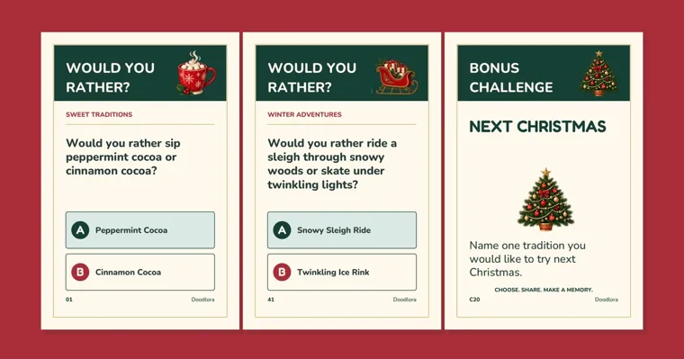 Three Christmas card game cards on a red background, a peppermint or cinnamon cocoa question, a sleigh ride or ice rink question and a Next Christmas bonus challenge