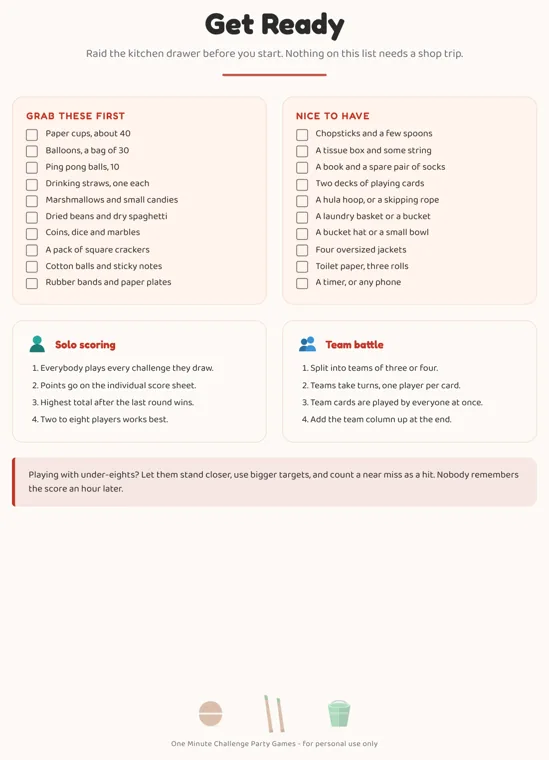 Get Ready page with a grab these first checklist and a nice to have checklist side by side, solo scoring and team battle rules below, and a note about players under eight