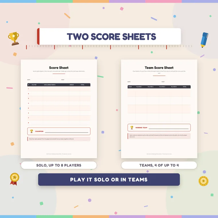 The eight-row solo score sheet next to the team score sheet with four players per team