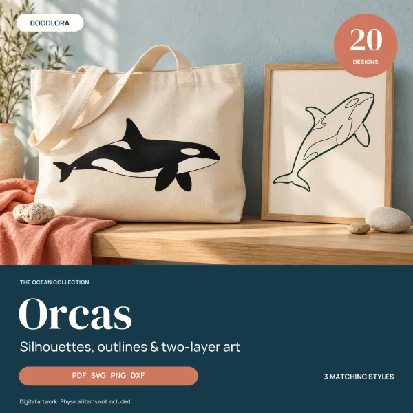 A canvas tote printed with a black-and-white orca next to a framed line drawing of a leaping orca, above the title Orcas, silhouettes, outlines and two-layer art