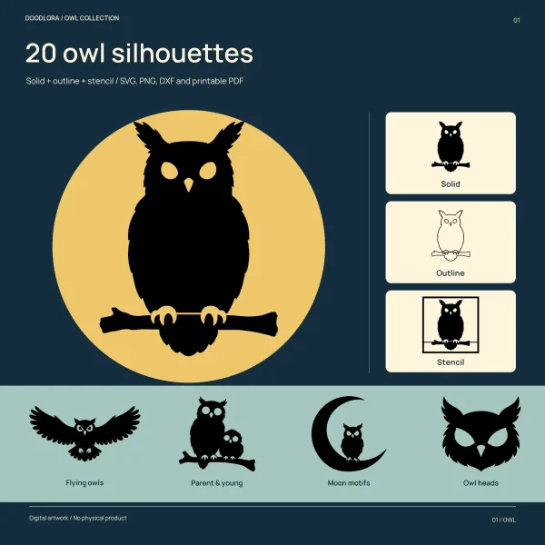 A black horned owl perched on a branch against a yellow moon, beside small solid, outline and framed stencil versions, with four sample designs below