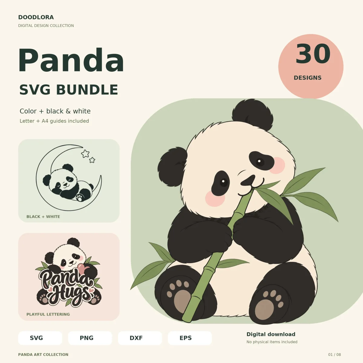 A chubby cartoon panda chewing a bamboo stalk, beside a black and white panda asleep on a crescent moon and a Panda Hugs lettering design