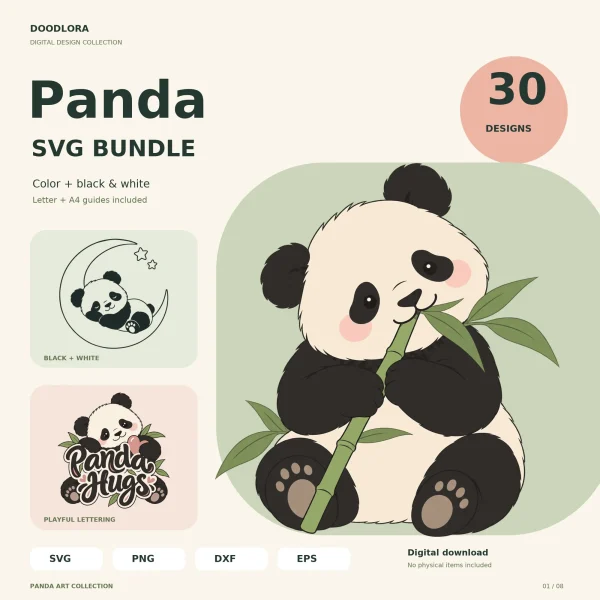 A chubby cartoon panda chewing a bamboo stalk, beside a black and white panda asleep on a crescent moon and a Panda Hugs lettering design