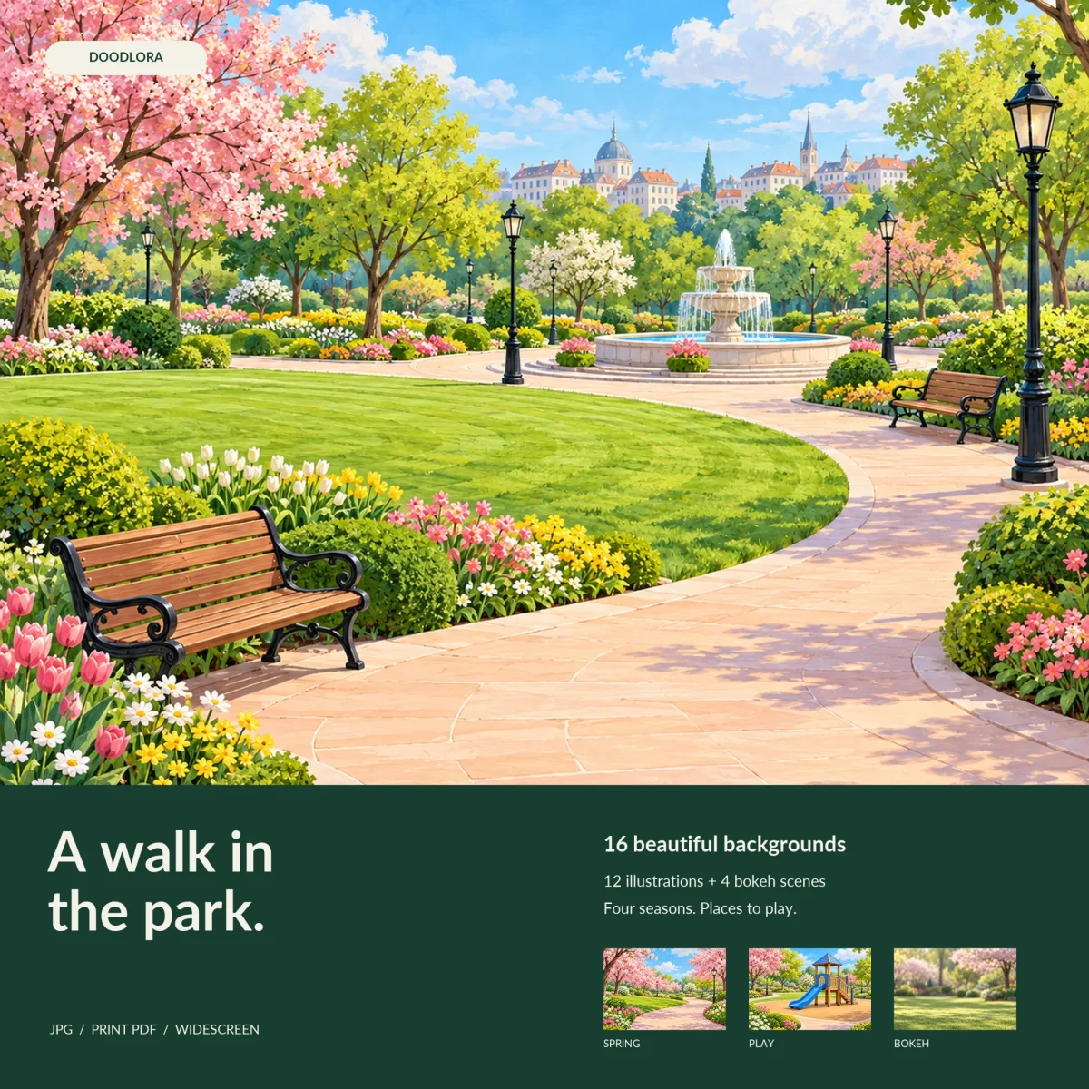 Fountain Garden shown large, a stone fountain at the end of a curving park path with benches, lampposts and tulips, above small spring, playground and blurred lawn samples and the words A walk in the park