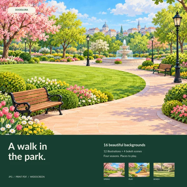 Fountain Garden shown large, a stone fountain at the end of a curving park path with benches, lampposts and tulips, above small spring, playground and blurred lawn samples and the words A walk in the park