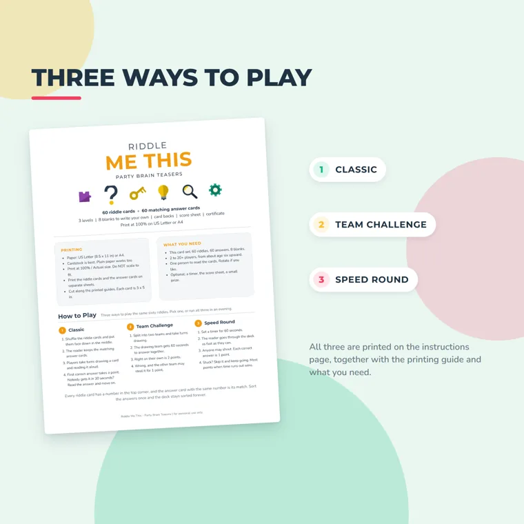 The instructions page with Classic, Team Challenge and Speed Round rules