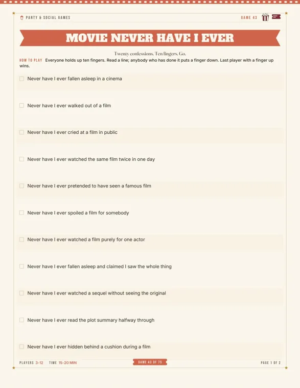 A printed page titled Movie Never Have I Ever with a one-line how-to-play rule and eleven lines about movie habits, each beside a checkbox