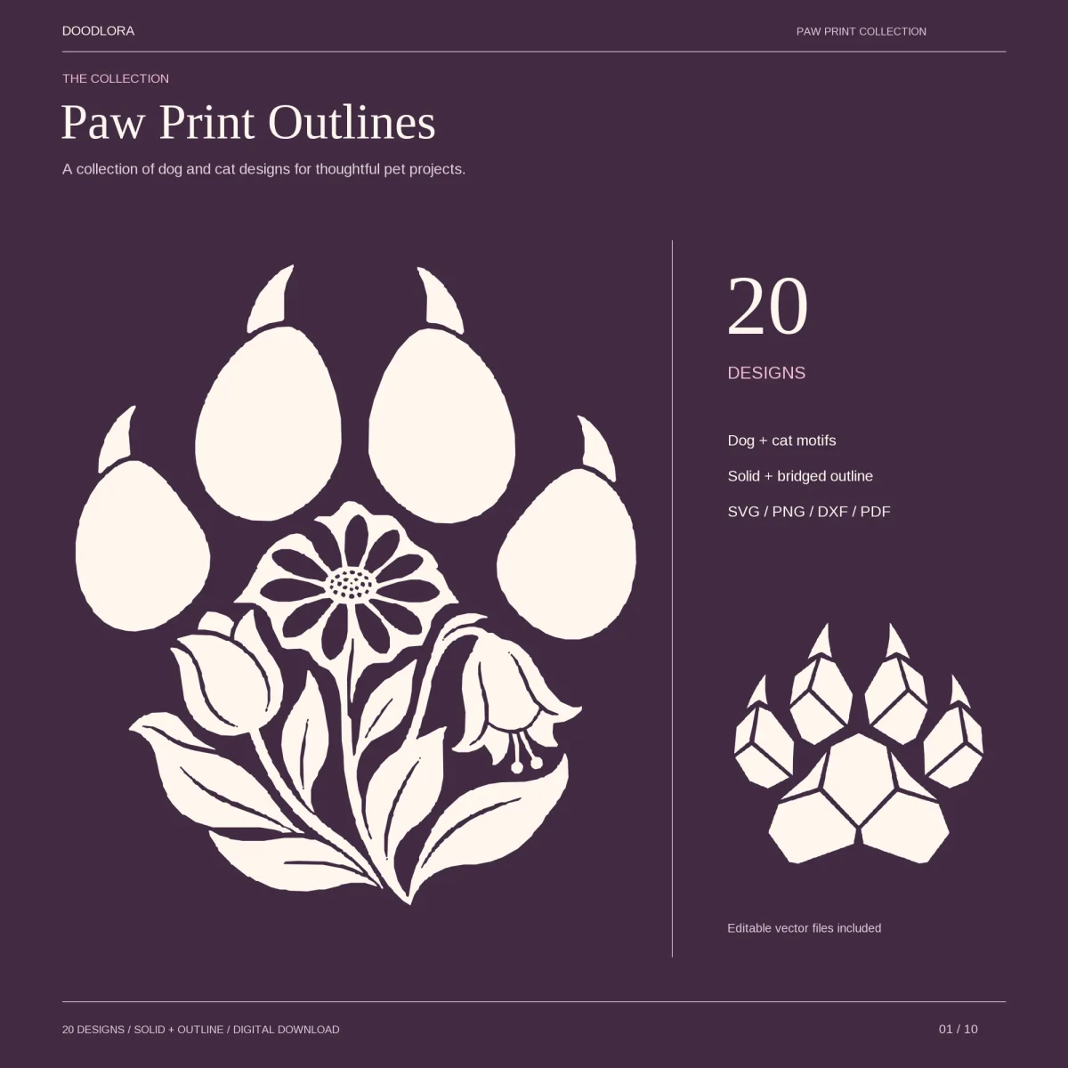 Cream paw print with claws whose main pad is filled with a daisy, tulips and a bellflower, beside a faceted geometric paw, under the title Paw Print Outlines