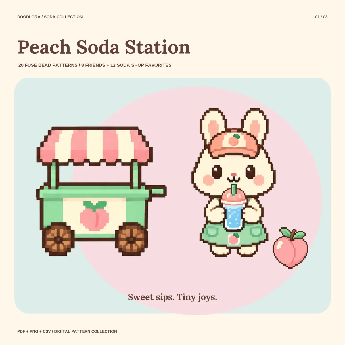 A pixel art bunny in a peach cap sipping a blue peach soda, next to a mint green cart with a pink and cream striped awning and a fresh peach