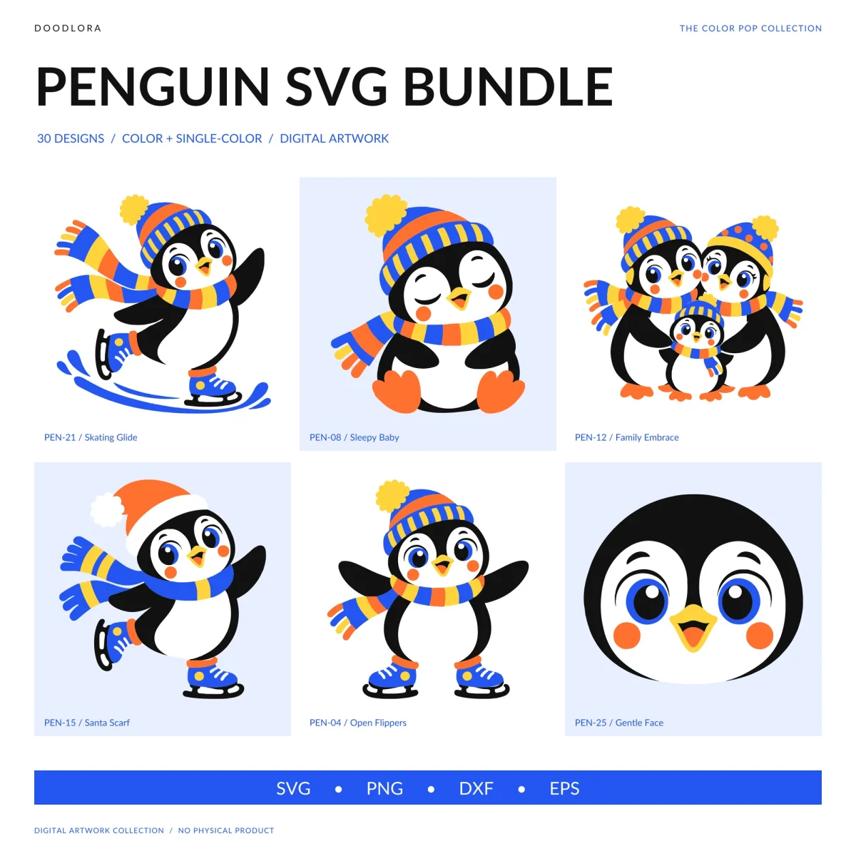 Six cartoon penguins in striped blue, orange and yellow hats and scarves, including a skater, a sleepy baby, a family of three, a penguin in a Santa hat and a round penguin face