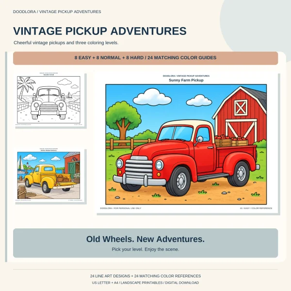 Sunny Farm Pickup colored as a red vintage truck with apple crates in front of a red barn, beside a Seaside Arrival outline and a yellow truck at a harbor